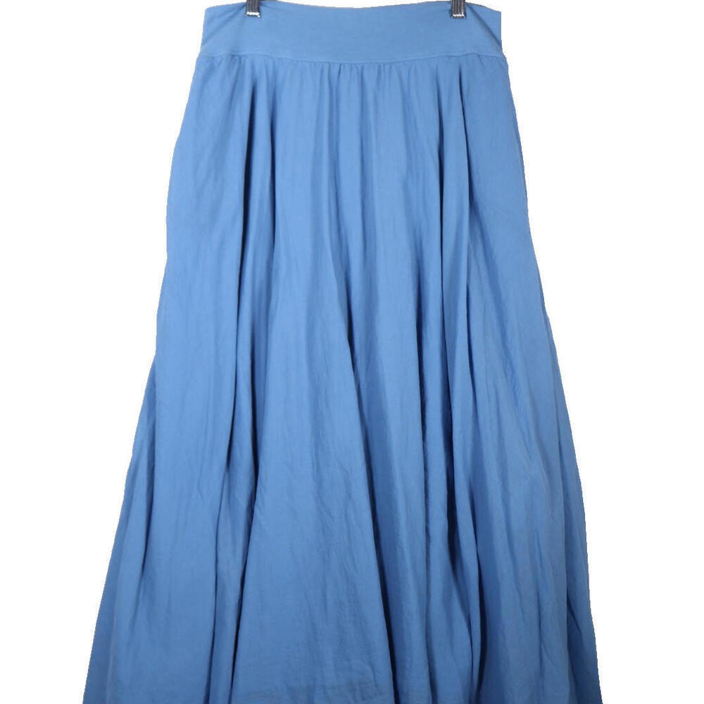 European Culture Women Large Blue High Waist Pleated Midi Skirt Cotton W/Pockets
